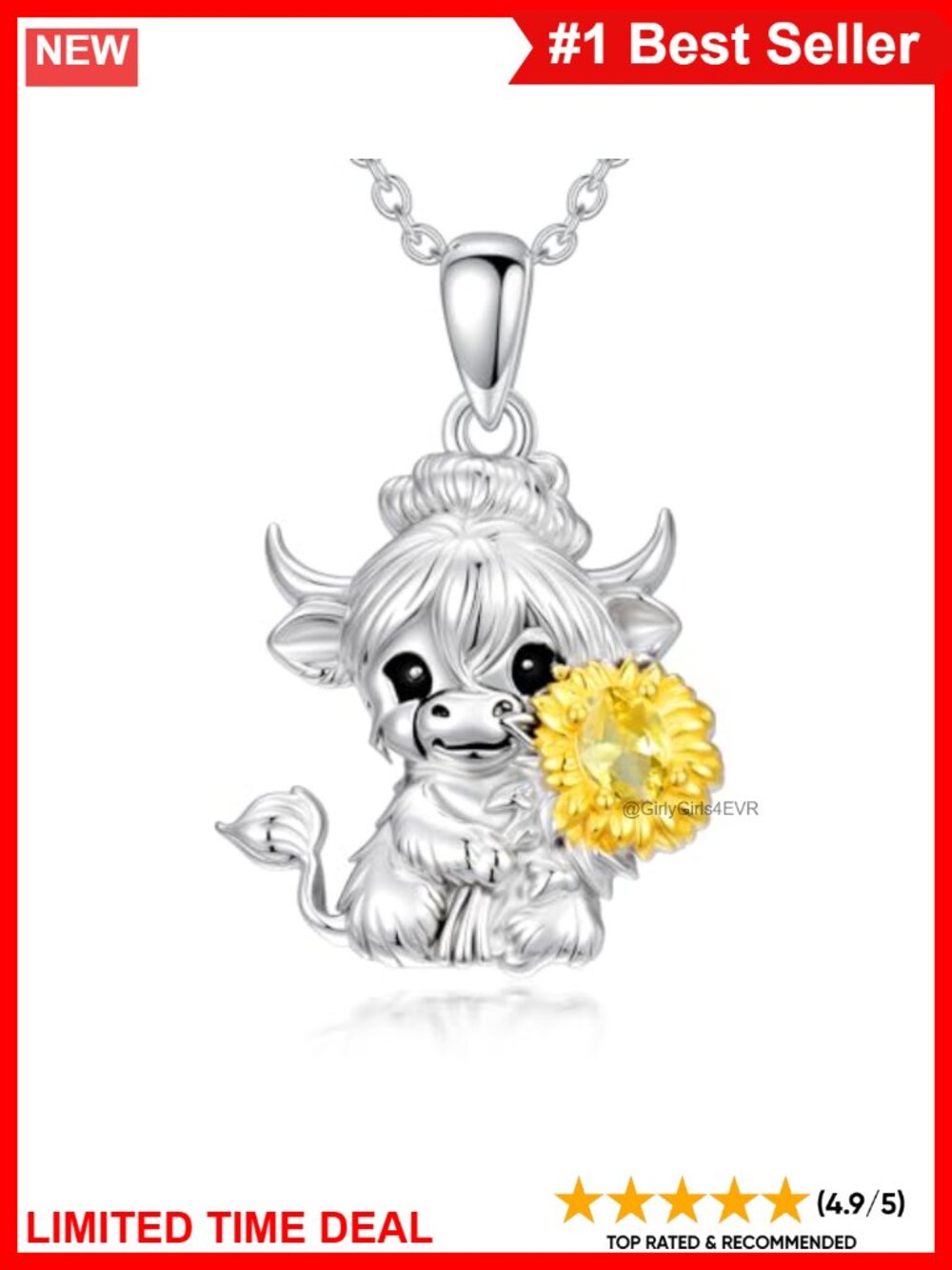 925 Sterling Silver Highland Cow Necklace Sunflower Rhodium Plated Pendant